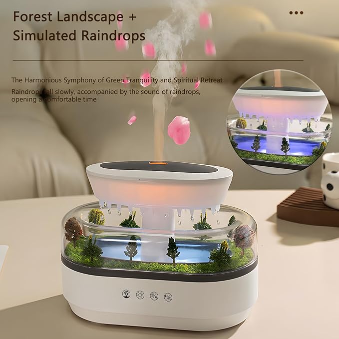 Essential Oil Flame Diffuser 250ml Cloud Rain Humidifier Water Drip Aromatherapy Diffuser Air Humidifier with 7 Colors Light, Micro Landscape, White Noise, Auto-Off for Home Office (White)