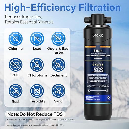 Stokk UC50 Under Sink Water Filter, Reduces Lead, Chlorine, Bad Taste & Odor, 26000 Gallons Under Counter Water Filter Systems Direct Connect to Kitchen Faucet, NSF/ANSI 372& 42& 53