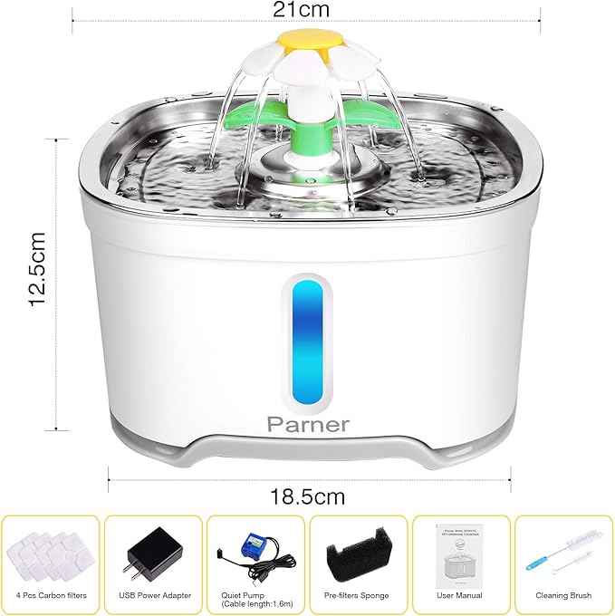 Cat Water Dispenser, Parner Stainless Steel Pet Fountain Flower 2.5L Auto Cat Fountain, Quiet Cat Drinking Fountain with 4 Filters & 1 Silicone Mat & 2 Cleaning Brushes for Cat, Dog, Bird, Other Pets