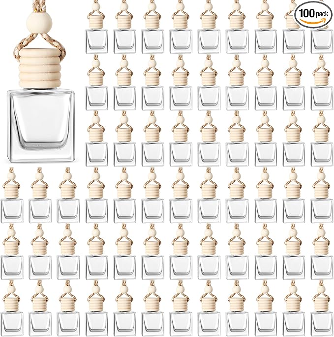 BBTO 100 Pcs Oil Air Freshener Diffuser with Wooden Cap Empty Essential Diffuser Aromatherapy Car Fresheners Car Fragrance Holder Aesthetic Decor Hanging Perfume Bottle (Clear,square Style)