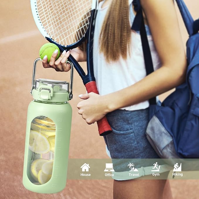 BLUEGO 64oz Water Bottle Glass with Stainless Steel Handle Large Water Bottle with Time Markers and Silicone Sleeve Half Gallon Water Jug BPA Free for Gym Daily Use, Light Green