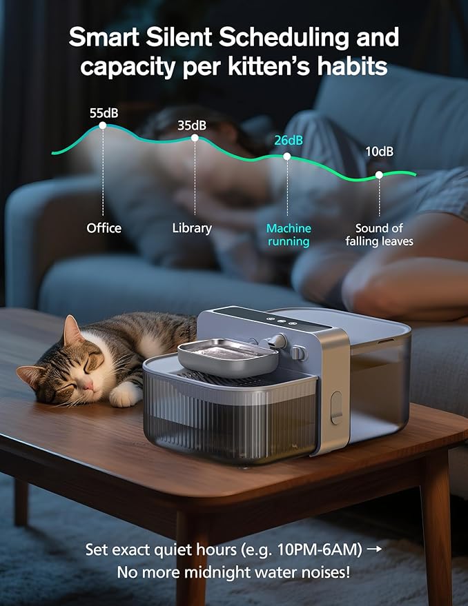 3.5L Wireless Cat Water Fountain with No Filters, 180-Day Battery & Precision Flow Control,Smart Pet Water Dispenser with Wastewater Separation & Custom Scheduling for Cats & Dogs, Grey