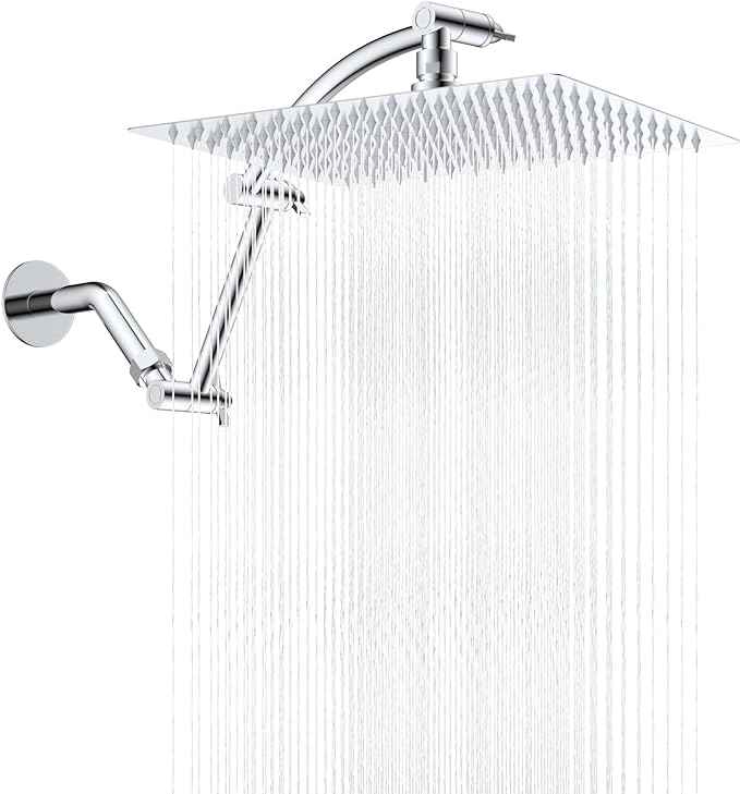 Hibbent All Metal cUPC Certified Rain Shower Head, 12'' High Pressure Rainfall Showerhead with 16" Shower Head Extension Arm, Solid Brass Adjustable Shower Arm Extender, fixed Showerheads, Chrome