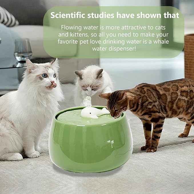 Ceramic Cat Water Fountain, 45oz/1.3L Porcelain Cat Water Dispenser, Automatic pet Water Fountain with Ultra-Quiet Pump, Perfect for Cats and Small Dogs, Cute Design (Green)