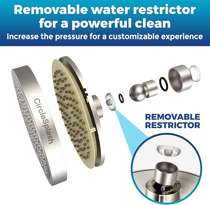 High Pressure Shower Head - Anti-Clogging Silicone Nozzles - 2.5 GPM Removable Restrictor - Easy to Clean Adjustable Replacement - easy to install with Plumbers Tape - 6 inch - Brushed Nickel Finish - AquaVibe
