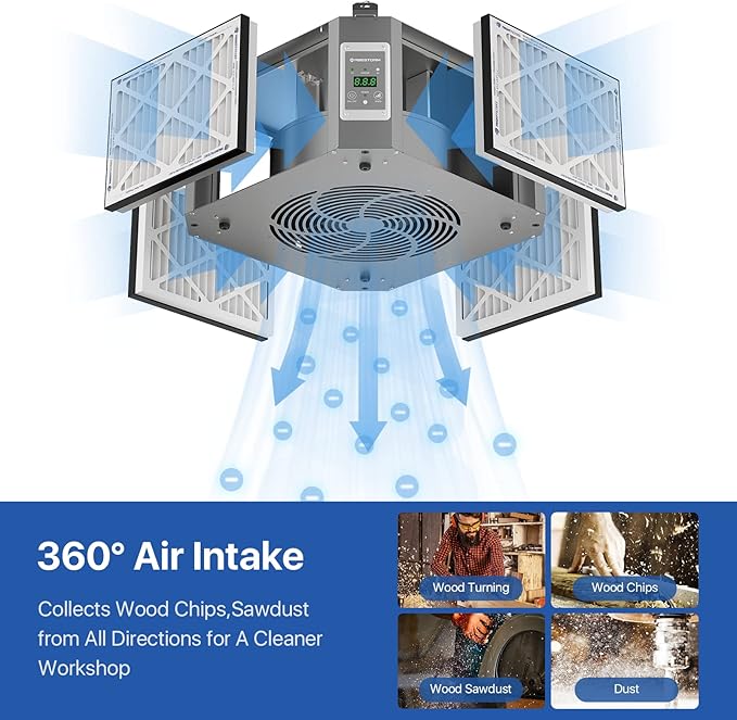 Abestorm 360 Degree Intake Air Filtration System for Woodworking, Built-in Ionizer, 1350CFM Hanging Air Filter, Shop Dust Collector, Garage WorkShop, MERV-11 filter, DecDust 1350IG - AquaVibe