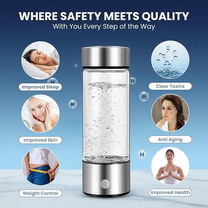 Hydrogen Water Bottle, Portable & Rechargeable – Molecular Hydrogen Water Generator, Alkaline Ionizer, Hydrogenated Water Purifier for Health & Fitness with Hydrogen-Rich Water Silver