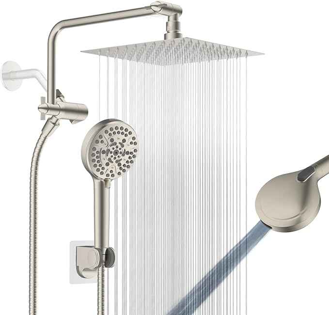 All Metal Shower Head, 8" High Pressure Rainfall/Handheld Shower Combo with 11" Extension Arm, 10-Spray Handheld Showerhead, 71" Long Hose, 3-Way Diverter Valve, Brushed Nickel