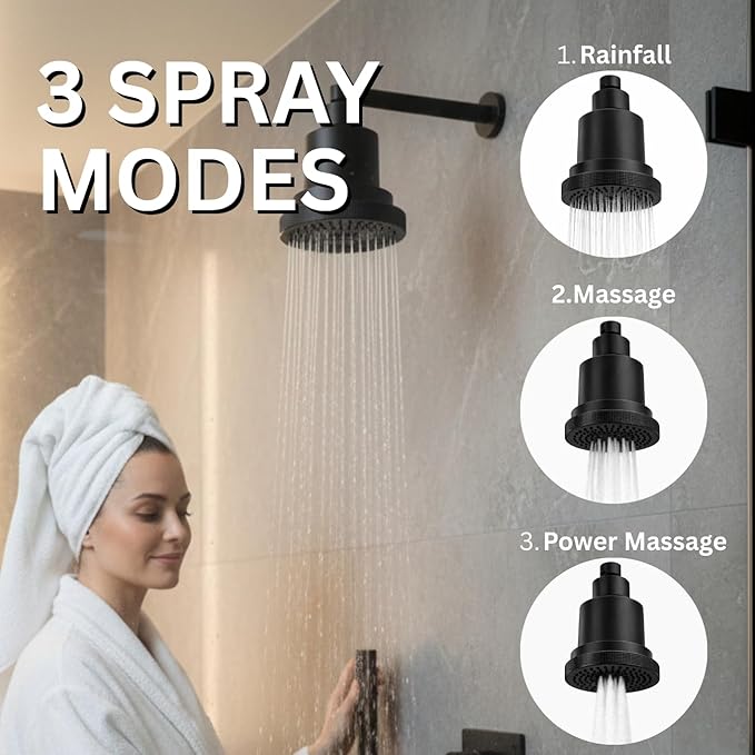 HYDROZENIT Filtered Shower Head, 3 Spray Modes, Black - 25-Stage Showerhead Water Softener for Softer Skin & Healthier Hair - High Pressure Rain Shower Head with Filters KDF-55 and Activated Carbon