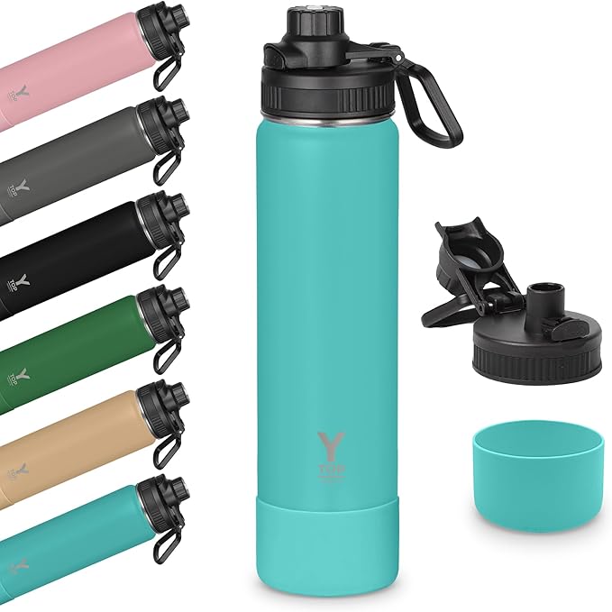 Y TOP 24oz Insulated Water Bottle Leak Proof Spout Lid Fits in Car Cup Holder – Double Wall Dishwasher Safe Easy Clean stainless steel drinking water bottle for Gym Kids Sports Travel Hiking School