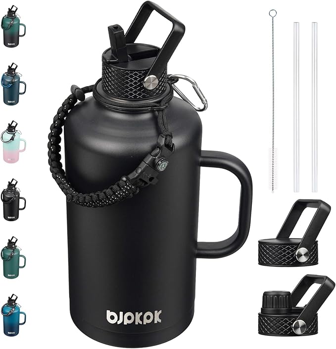 BJPKPK 2/3 Gallon Water Bottle Insulated with Straw Lid, 87oz Large, Stainless Steel Water Bottles with 3 Lids and Paracord Strap, Double Wall Vacuum Metal Water Jug,Black