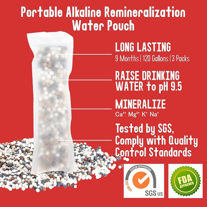 AlkaEnergy 3-Pack Alkaline Water Filter Pouches|pH 9.5, Boosts Water pH, Adds Essential Minerals for Hydration & Wellness| for Bottles & Jugs (50g/pack)