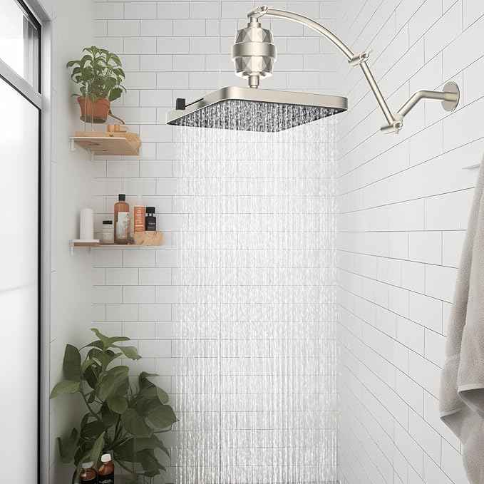 Hibbent Rain Filtered Shower Head, 13'' High Pressure Rainfall 5 Modes Showerhead with 16" Shower Head Extension Arm, Solid Brass Adjustable Shower Arm Extender, 20 Stage Shower Filter, Brushed Nickel
