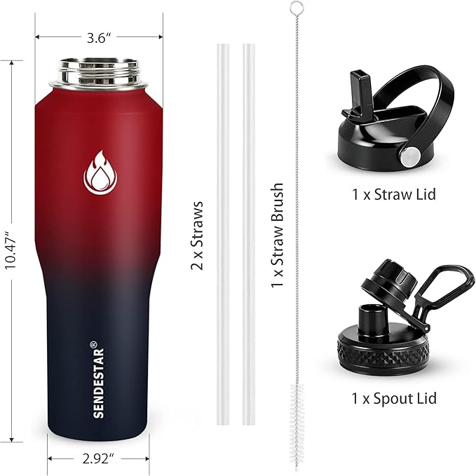SENDESTAR 32oz Water Bottle Wide Mouth Stainless Steel Vacuum Insulated Double Wall with 2 Lids Fit in Any Car Cup Holder