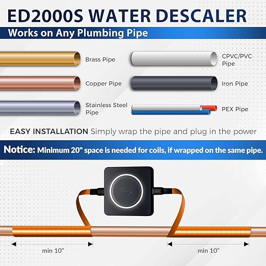iSpring ED2000S Whole House Descaler, Alternative Electronic Salt-Free Hard Water Conditioner, Breathing LED Light Design with Magnet, Prevent Rust and Scale Build-up, Black
