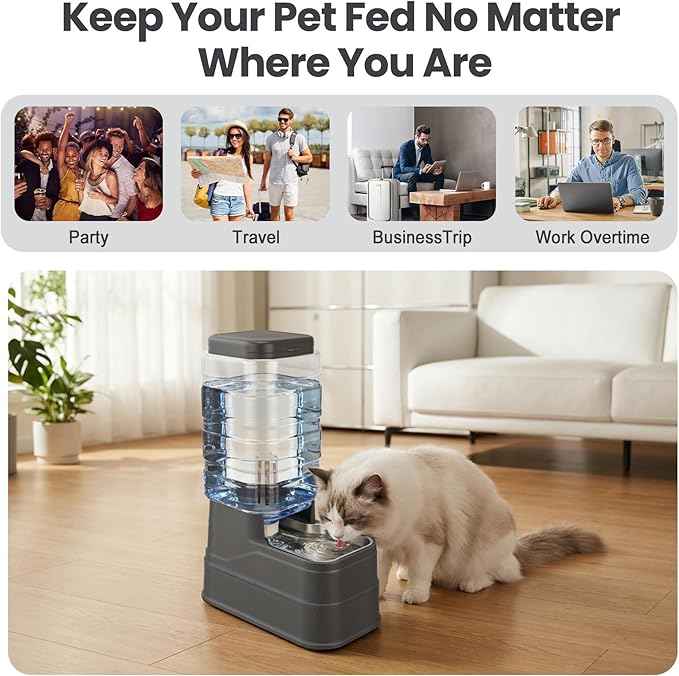 Automatic Dog Water Dispenser Gravity Stainless Steel Water Feeder Cat Waterer Feeder with Wide Mouth Bowl for Small Medium Dog Puppy Kitten (Filter &Ice Pack Included) 2.2Gallon Gray