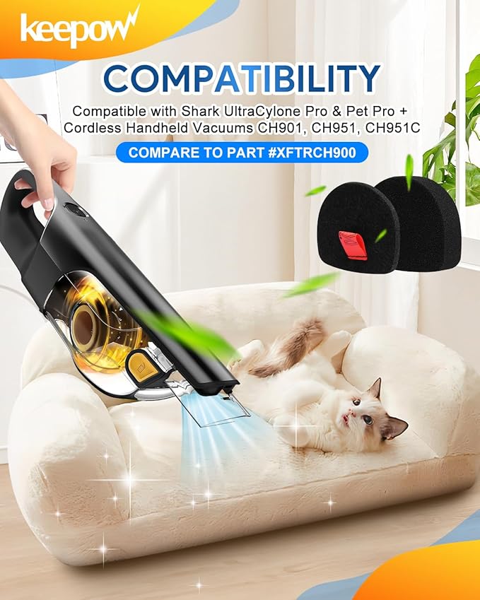 KEEPOW Vacuum Filters Compatible with Shark UltraCyclone Pet Pro Plus Cordless Handheld Vacuum, 2 Pack Filter Replacement for Shark CH901 CH950 CH951 CH951C CH900WM XL Dust Cup Filter, Part #XFTRCH900