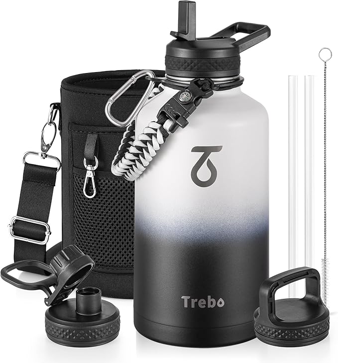 Trebo Water Bottle 64oz with Paracord Handle, Half Gallon Large Vacuum Double Wall Stainless Steel Insulated Water Jug with Holder Strap Straw Spout Lids, Leakproof Keep Cold & Hot,Black and white