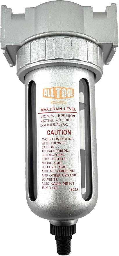3/8" NPT MID FLOW Particulate Filter/Water Trap For Air Compressor Compressed Air Lines, 5u With Poly Bowl And Metal Bowl Guard (AUTO DRAIN) - AquaVibe