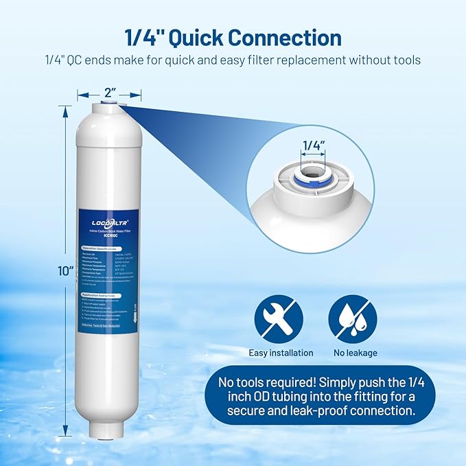 Inline Activated Carbon Block Water Filter with 1/4" Quick Connect, T33 In Line Water Filter Replacement Cartridge for Icemaker, Post Carbon Filter for RO Reverse Osmosis Water System (Pack of 2)