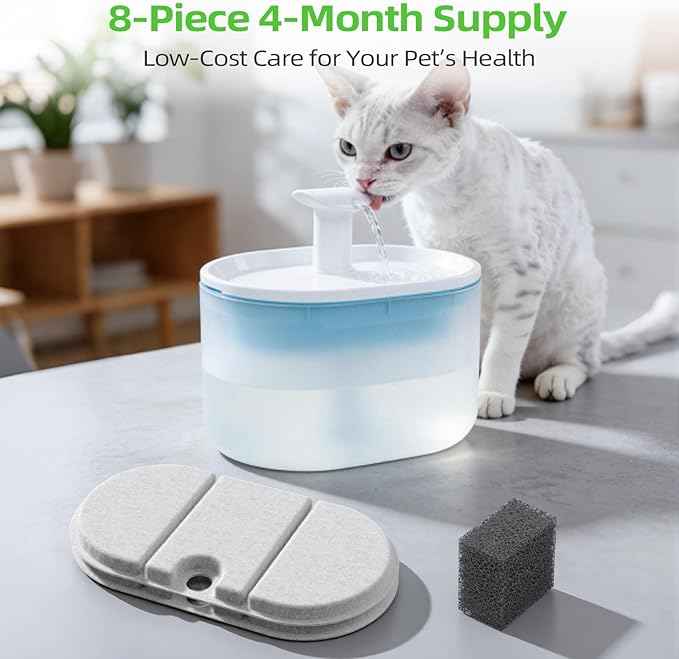 Cat and Dog Water Fountain Replacement Filters | 8 Filters + 8 Sponges | Fits PETLIBRO PLWF002 71oz/2.1L Capsule Fountain | Ultra-Quiet Dual Flow BPA-Free Pet Dispenser Parts, 16 Pack