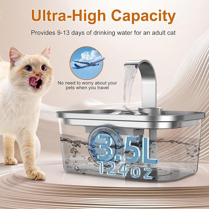 Bobo&Dragon Stainless Steel Cat Water Fountain, 124oz/3.5L Automatic Dog Water Dispenser - Ultra Quiet Faucet Flow, Smart Window & Fresh Filtered Hydration, Dishwasher Safe for Multi-Pet Cosmic Berry
