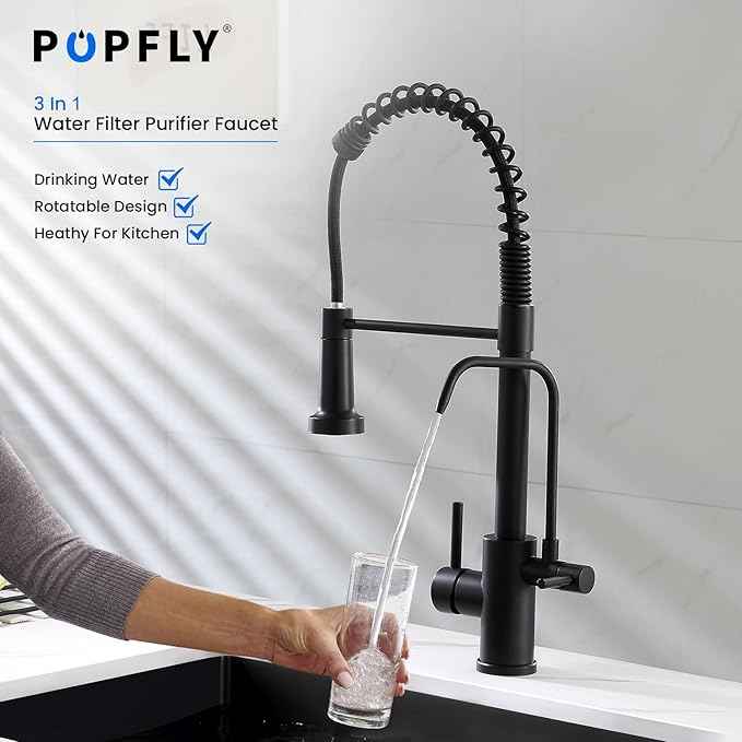 POPFLY 3 in 1 Kitchen Faucet With Drinking Water Purifier, Pull Down Sprayer, High Arch 2 Handle Filter Faucet, Black