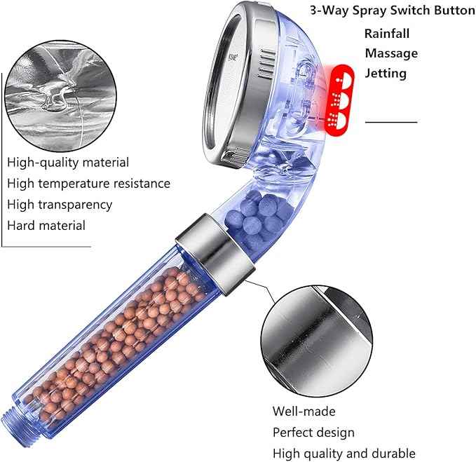 NOSAME Shower Head, Filter Filtration High Pressure Water Saving 3 Mode Function Spray Handheld Showerheads for Dry Skin & Hair