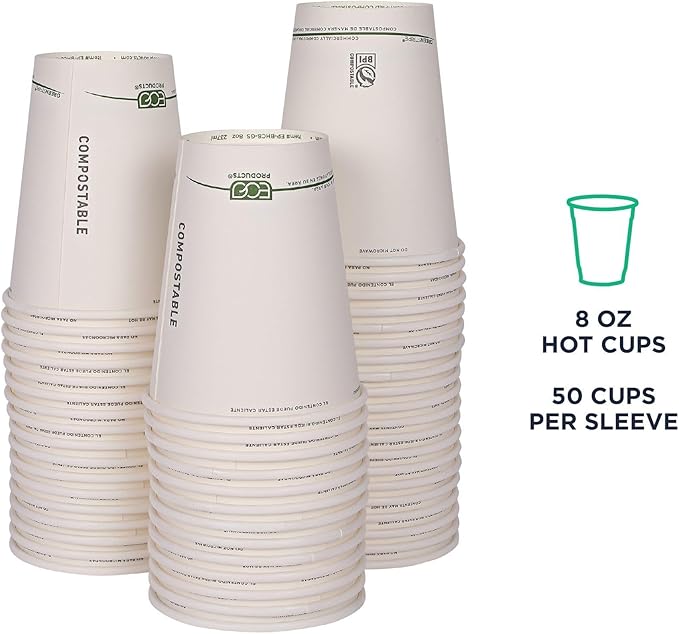 ECO PRODUCTS Compostable Disposable GreenStripe 8oz Coffee Cups, Case of 50, White Single Wall Hot Paper Cup, Plant Based PLA Lining, Biodegradable