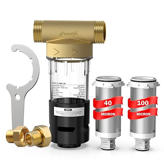 Frizzlife 40&100 Micron Spin Down Sediment Filter with Built-in Scraper, Reusable Whole House Pre-Filter for City/Well Water, Washing Machine, Flushable Filtration, BPA Free, 1"&3/4" NPT, JB40-100