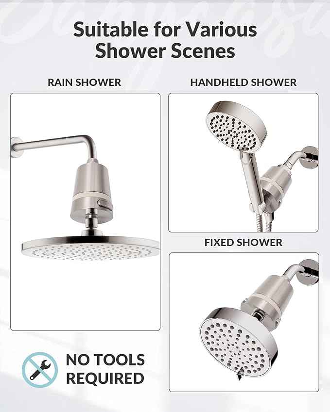 Hard Water Shower Filter - Removes Chlorine, Heavy Metals & Scale - KDF Technology for Softer Skin & Hair - Fits Most Rain & Handheld Showerheads - (Brushed Nickel)