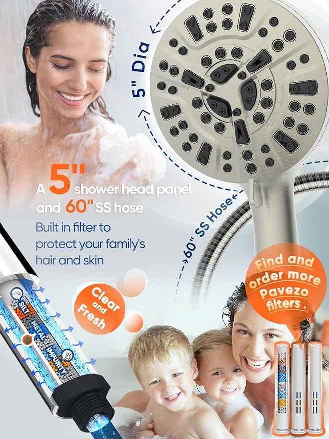 Pavezo® High Pressure Shower Head Handheld 5" Large, 10-mode Portable Detachable Shower Head with Hard Water Filter, Extra Long 60" SS Hose, Anti-clog & Powerful to Clean Tile & Pets, Brushed Nickel