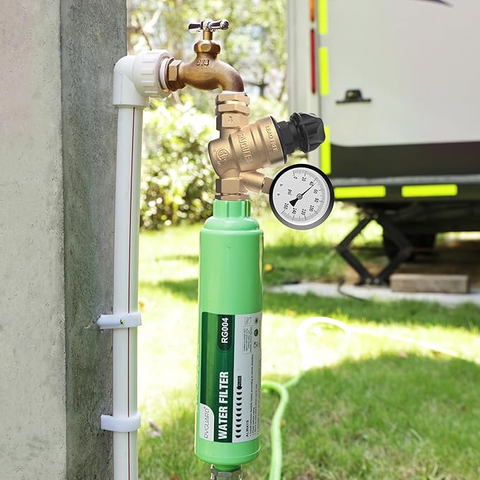 RVGUARD RV Water Pressure Regulator Valve With An Adjustable Knob, Tool-Free, CSA Approved, Lead-Free Brass Water Pressure Reducer with Gauge and Inlet Screen Filter for RV Camper Travel Trailer
