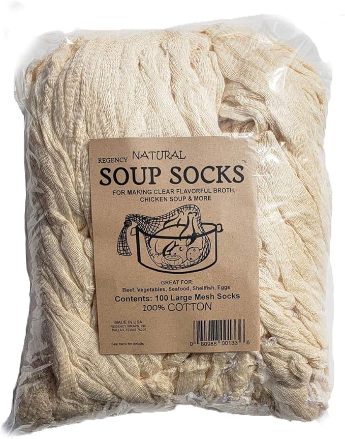 Regency Wraps Soup Socks, 24-inch 100 Pack, 100% Cotton Mesh Bags; for Clear Broths, Delicious Soups with No Straining; Fits Whole Chicken, Stew Meat, or Veggies