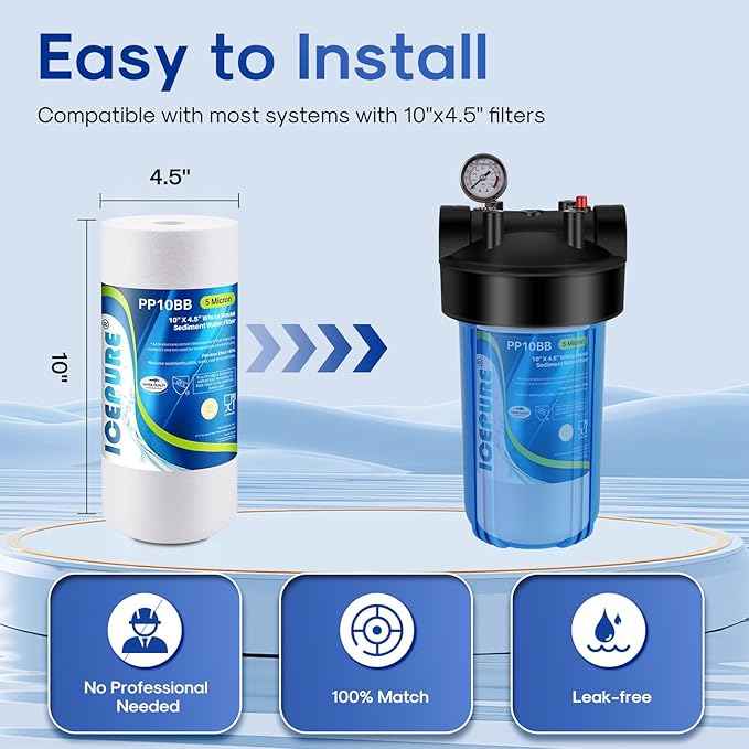 ICEPURE Whole House Sediment Water Filter 5 Micron 10" x 4.5" Compatible with Culligan RFC-BBSA, W15-PR, HD-950, WFHD13001B, GXWH35F, GXWH30C, 3M Aqua-Pure AP817, Whirlpool WHKF-GD25BB, PP10BB 2PACK