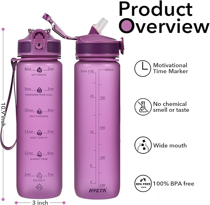 Hyeta 32oz Water Bottles with Straw - Stay Motivated and Hydrated with Convenient Times to Drink Markings, Durable, Leak-proof