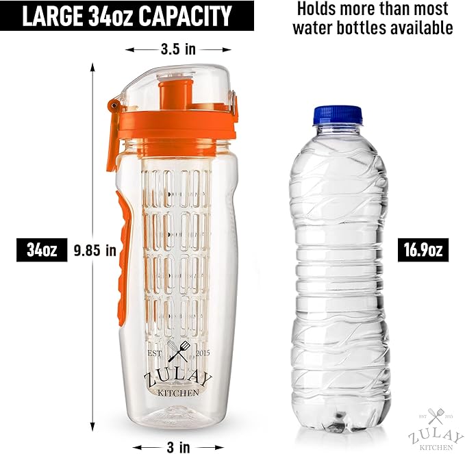 Zulay Fruit Infuser Water Bottle - 34oz - Leakproof With Full-Length Infusion Rod - Men Women's Ideal Fitness Gift Or For Gym, Camping