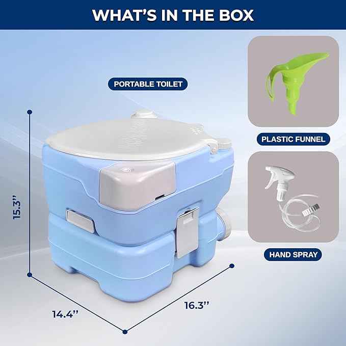 SereneLife 4 Gal Portable Camping Toilet For Adults, 100+ Flushes, Porta Potty Camp Toilet with Phone Holder, Hand Sprayer, Plastic Funnel for Camping, Hiking, and Boating