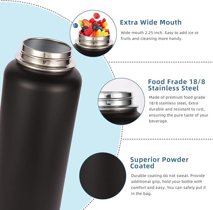 Volhoply 32 oz Insulated Water Bottle with Straw Lid and Spout Lid,Stainless Steel Sports Water Bottle,Double Wall Vacuum Cups,Leakproof Metal Flask with Wide Mouth for Hiking,Camping(Black,1)