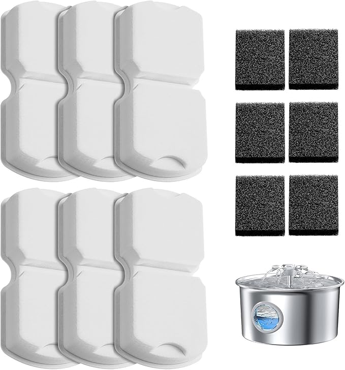 Cat Water Fountain Filter: 12 Cat Fountain Filter Replacement - 6 Carbon Filters & 6 Foam Filters - Suitable for IHOUONE Stainless Steel pet Fountains - AquaVibe