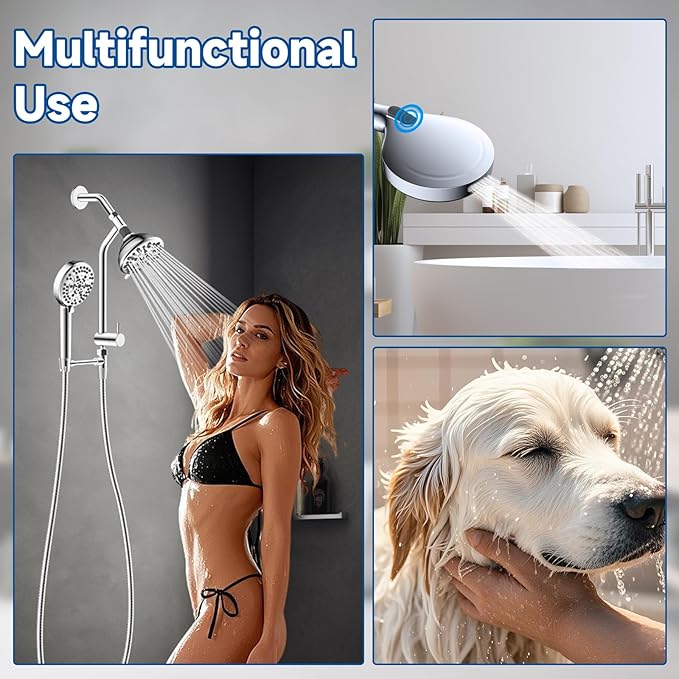 All Metal Dual Shower Head Easy Reach, High Pressure 10-Spray Handheld & Rainfall Shower Head Combo with Shower Extension Arm, 71" Hose, 3-way Diverter, Brass Shower Bracket, Chrome
