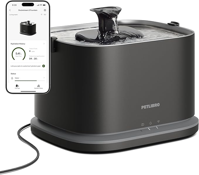 PETLIBRO Upgrade Cat Water Fountain, Dockstream 2 Smart App Monitoring Pet Water Fountain for Cats Indoor, 3L/101oz Cat Fountain Stainless Steel Tray for Drinking, 5G WiFi Auto Cat Water Dispenser Dog