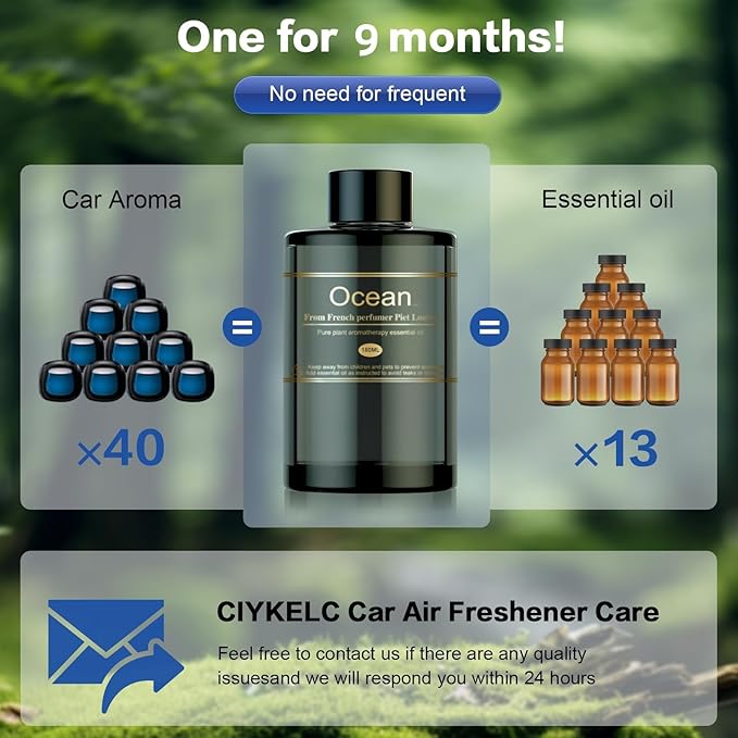 Car Air Freshener Refill for Men & Women 6.09 FL OZ /180ML-9 Month Ocean Scent Essential Oil Perfume, Essential Oil Made of Natural Plant Extracts, Compatible with Car Diffusers for Home/Office