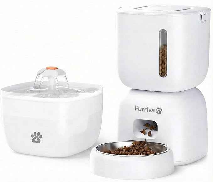 Automatic Cat Feeder and Water Fountain Set - 3L Food Dispenser with Locking Lid, Plug-in/Battery Powered, Programmable Portion Control, up to 4 Meals/Day, 10s Voice Recorder - for Cats and Small Dogs
