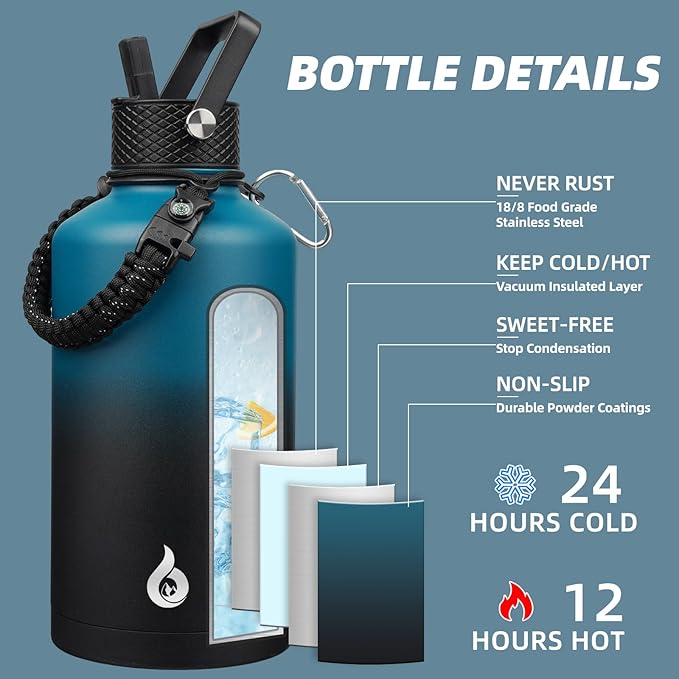 BJPKPK 2/3 Gallon Water Bottle with Straw Lid, 87oz Large, Stainless Steel Water Bottles with 3 Lids and Paracord Strap, Double Wall Vacuum Metal Jug, Blue & Black