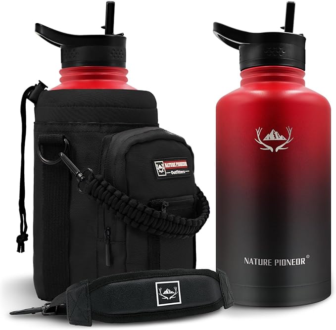 NATURE PIONEOR Insulated Water Bottles with Straw - 64oz Stainless Steel Vacuum Bottle with Holder/Carrier/Sleeve - Reusable 18/8 Food Grade Half Gallon Water Jug