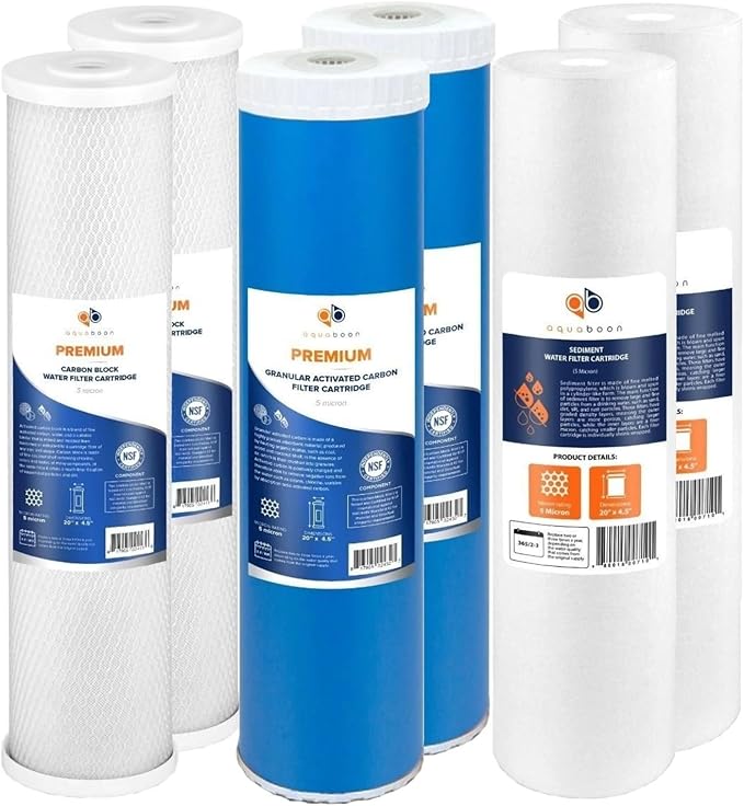 Aquaboon 5 Micron 20 x 4.5 Whole House Water Filter Replacement Cartridge Set: Sediment, GAC & Carbon for 3-Stage Water Filtration System 2 Pack