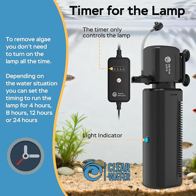 AquaMiracle Fish Tank Filter with Timer & Filter Sponge, 130GPH U - V Aquarium Filter with Aeration & Rainfall Modes, Effective Turtle Filter for Green Water Control (10-30 Gal Tank)