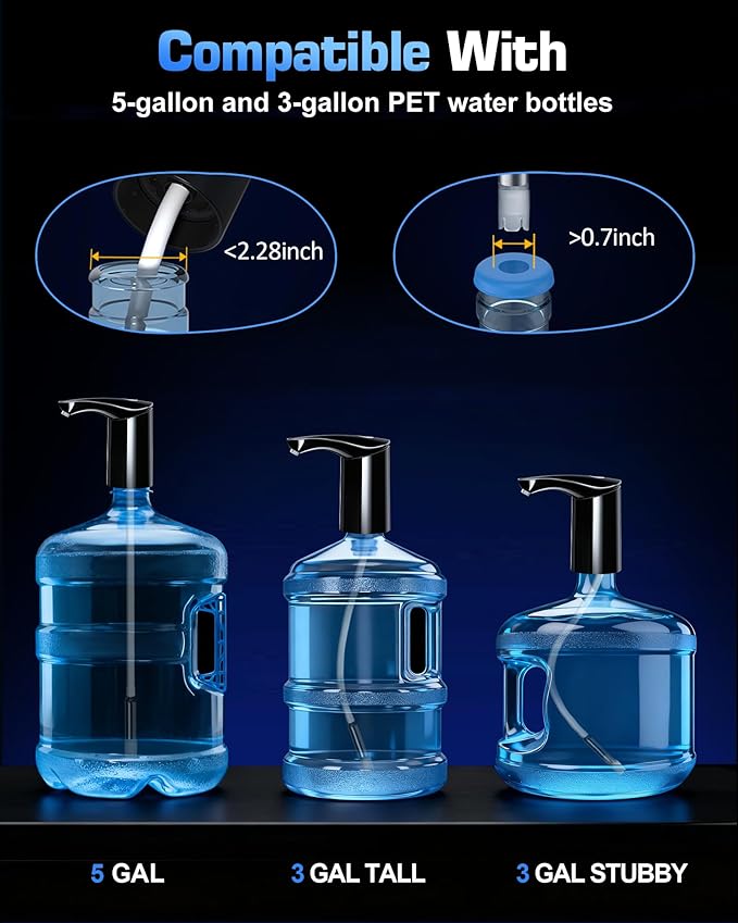 【Highest-Output】 Water Dispenser for 5 Gallon Jug, Electric USB C Water Pump Bottle Whisper-Quiet,Portable Automatic Drinking Jug Pump Rechargeable for Home Office RV Travel Camping(Black)
