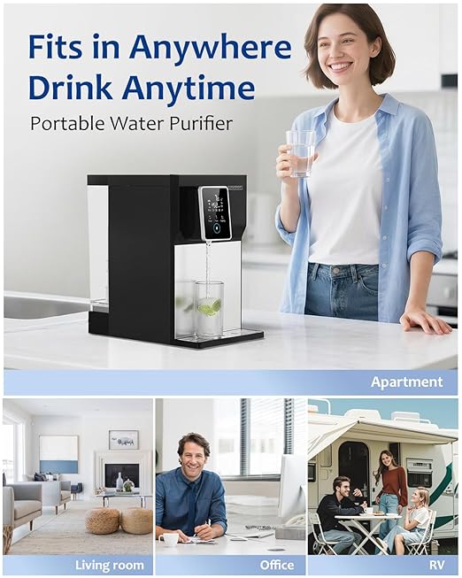 Reverse Osmosis Water Filter Countertop, 6-Stage RO System with UV, Dual Water Sources, Metal Body, 3:1 Pure to Drain, Smart TDS Monitor, Portable No Installation Water Purifier for Home